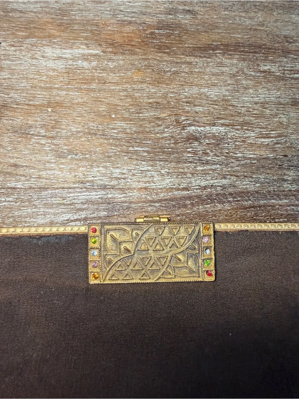 Vintage Brown Satin Evening Clutch Purse Gold Tone Jeweled Frame Art Deco Style